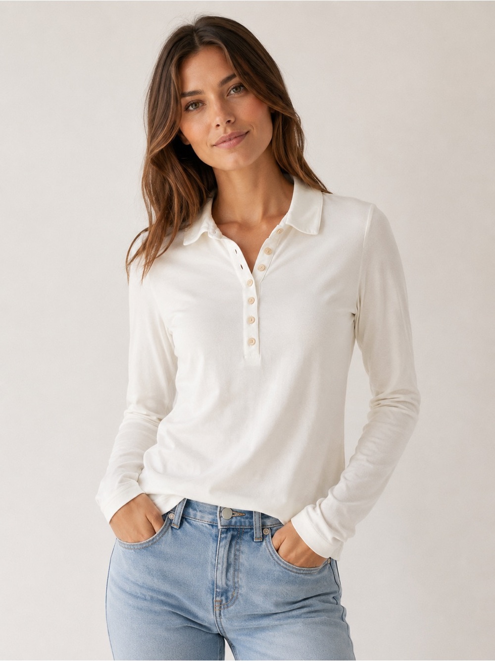 J. Crew Cream Long-Sleeve Polo Button Henley Top S